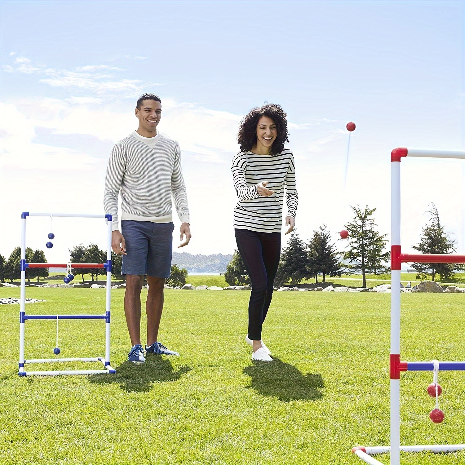 6pcs Ladder Toss Game Set - Durable PP Outdoor Throwing Balls in Vibrant Red/Blue Design, Includes Backyard Beach Games, Perfect for Family Parties and Backyard Activitie