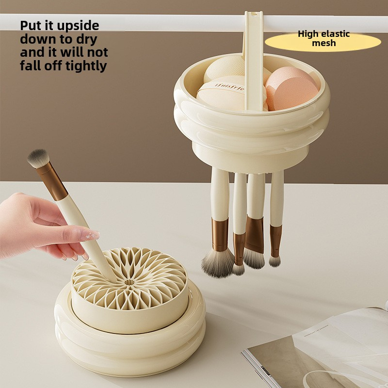 360 rotating dustproof makeup brush organizer with lid transparent plastic cosmetic storage box lightweight portable for home or travel beige   Product details 0