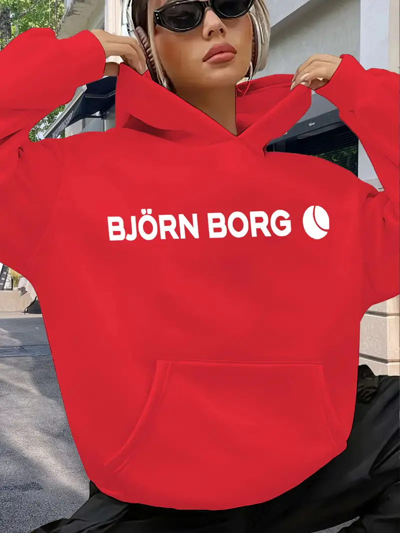 Red Women's Oversized Hooded Sweatshirt with Bold White Swedish Text Print (Björn Borg Lettering)