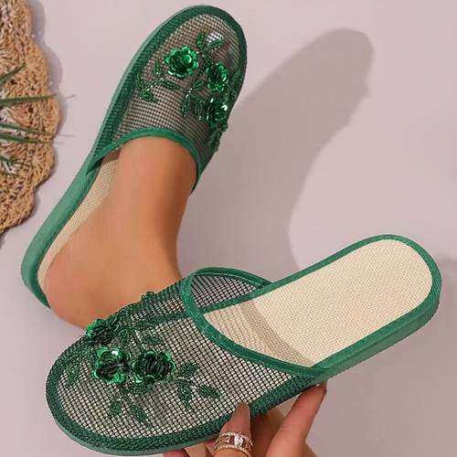womens new straw mat thick mesh retro handmade beaded slippers are light and comfortable indoor towing women shoes