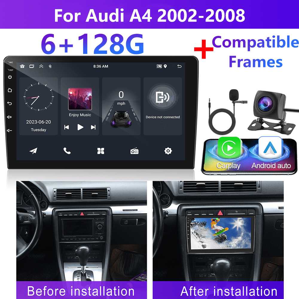 Image of [6+128gb 8 Core]podofo 13 Car Stereo For A4 2002-2008 Double Din Radio With Auto, 9 Inch Ips Touch Screen Radio Wireless 5.0, Gps, Wifi, 32eq Dsp, 59 Ui, Swc, Mic, Ahd Backup Cam