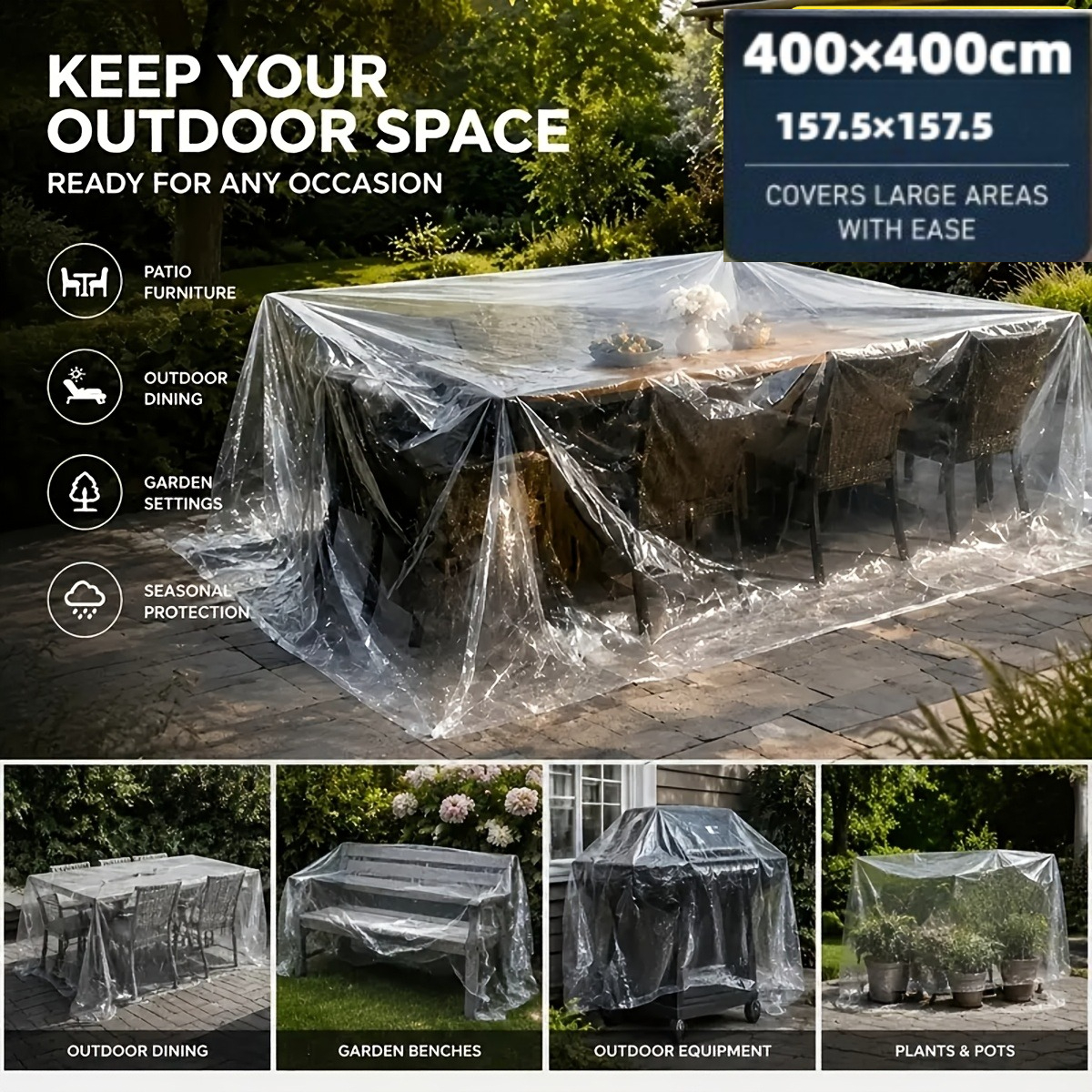 Image of 4m X 4m (400 X 400cm) Disposable Clear Plastic Sheeting - Ultra-thin Outdoor Patio Cover, Suitable For Tables, Chairs, Grills, Plants, And Backyard Multipurpose Protection
