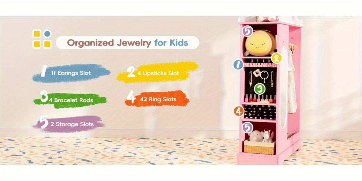 Kids Armoire with Jewelry Cabinet, Kids Dress Up Storage wth Shelves, Girls Wardrode Costume Organizer with Mirror, Children Closet with Armoire for Bedroom, Kids Room, Girls, Kids Room Furniture, Bedroom Storage, Stylish Kids Wardrobe, Playful Design, Hardwood Construction, Quality Wood Finish, Shelved Wardrobe, Parents Organizing, Childrens Clothing