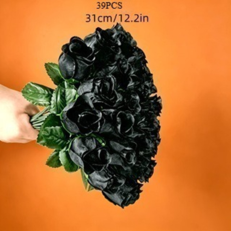 TEMU 39 Bunches Elegant Faux Black Roses, Premium Artificial Flower Bouquets For Holiday, Outdoor Garden, Wedding, Halloween, Valentine, And Memorial