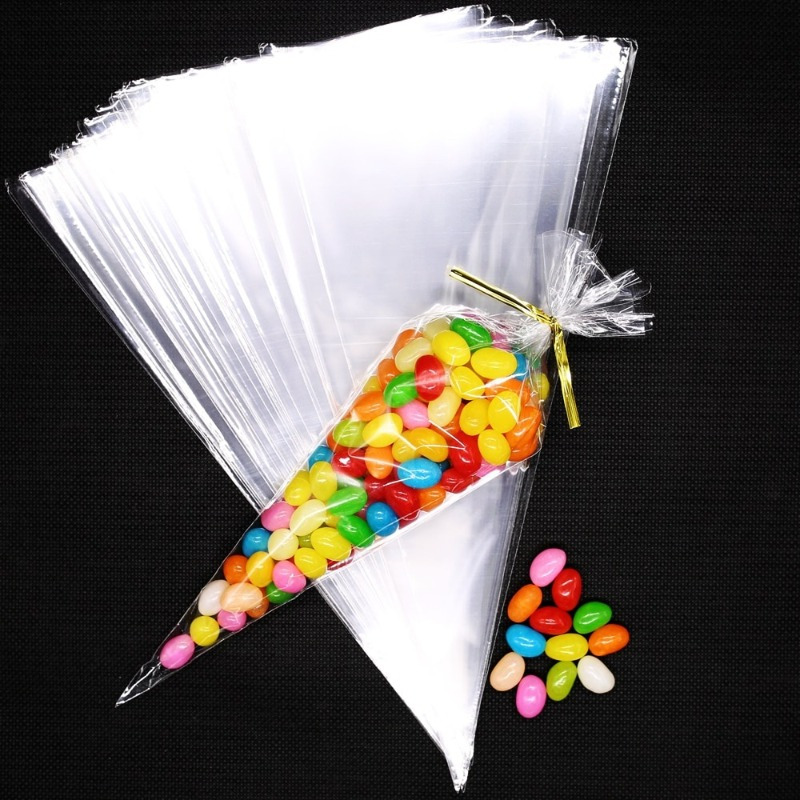 100 50pcs transparent candy packing bags wedding birthday party decoration sweet cellophane candy bag cone storage packaging bag 0