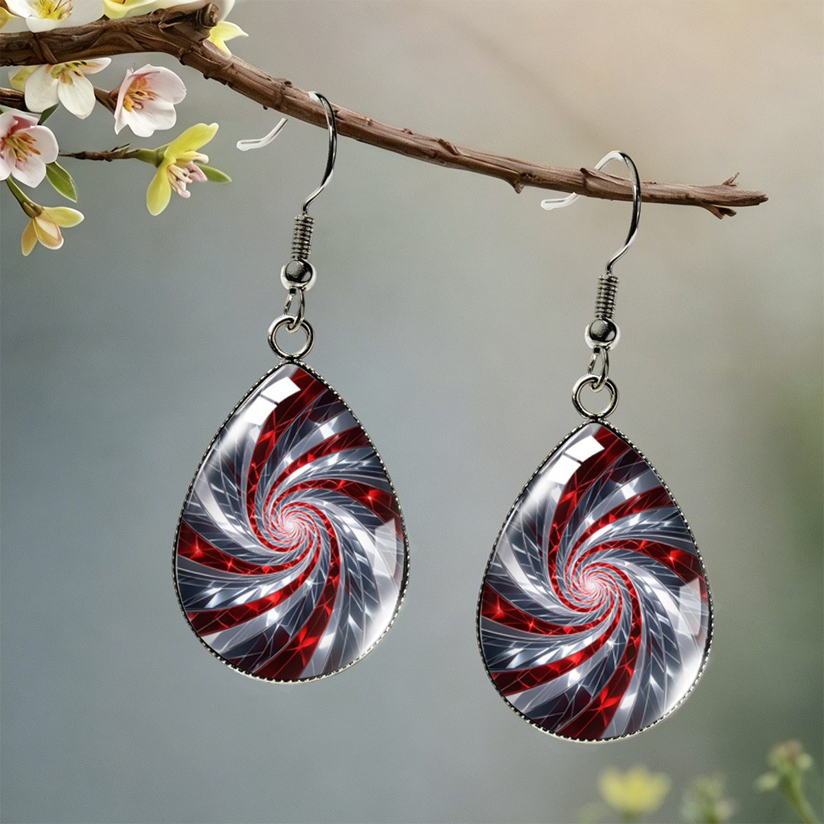 TEMU 1 Paire de Boucles d'Oreilles de , Imprimé Géométrique à Tourbillons et Texture Brisée, Couleurs Contrastées Rouge et Gris, Bijoux d'Oreille
