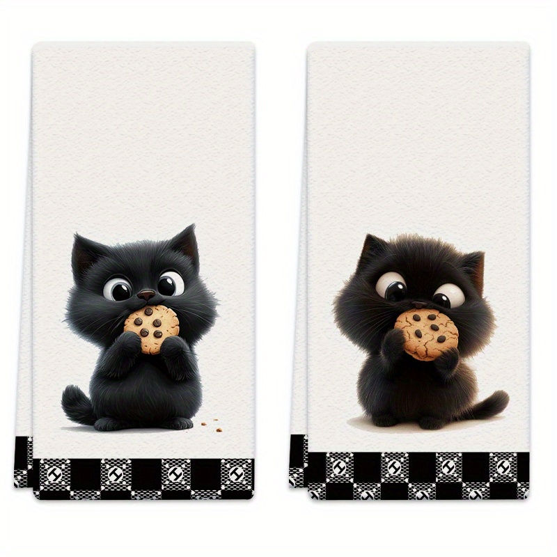Image of 2pcs Dish Towels 18x26 Inches Black Cat, Cookie Microfiber Absorbent Kitchen Hand Towel, Suitable For , Baking, Bathroom Cleaning, Outdoor Activities, Tea Party Decorations, Household Supplies