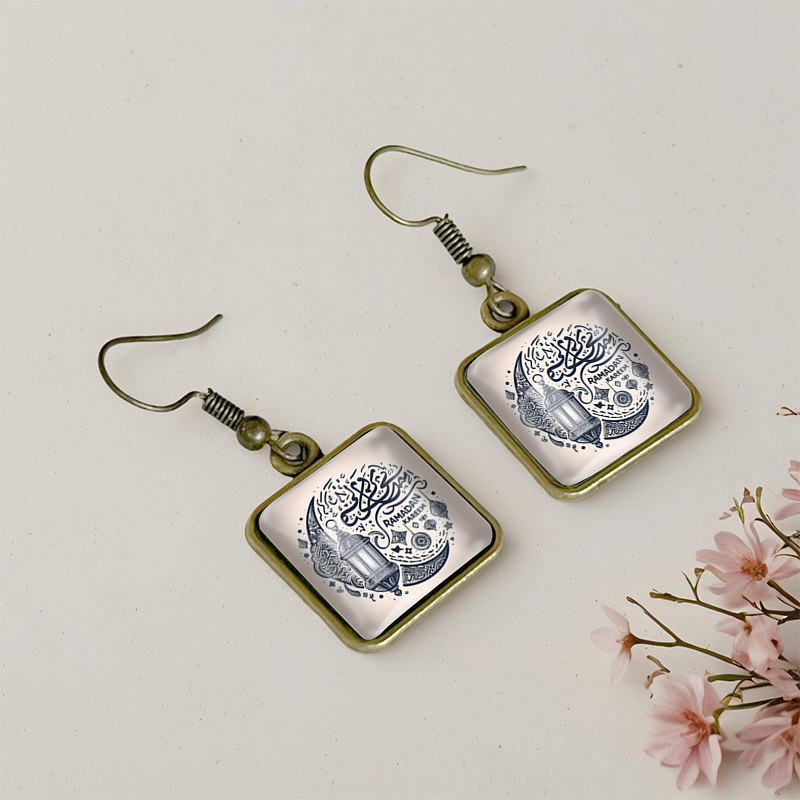 Square Glass Pendant Earrings, Handcrafted Ramadan Gift