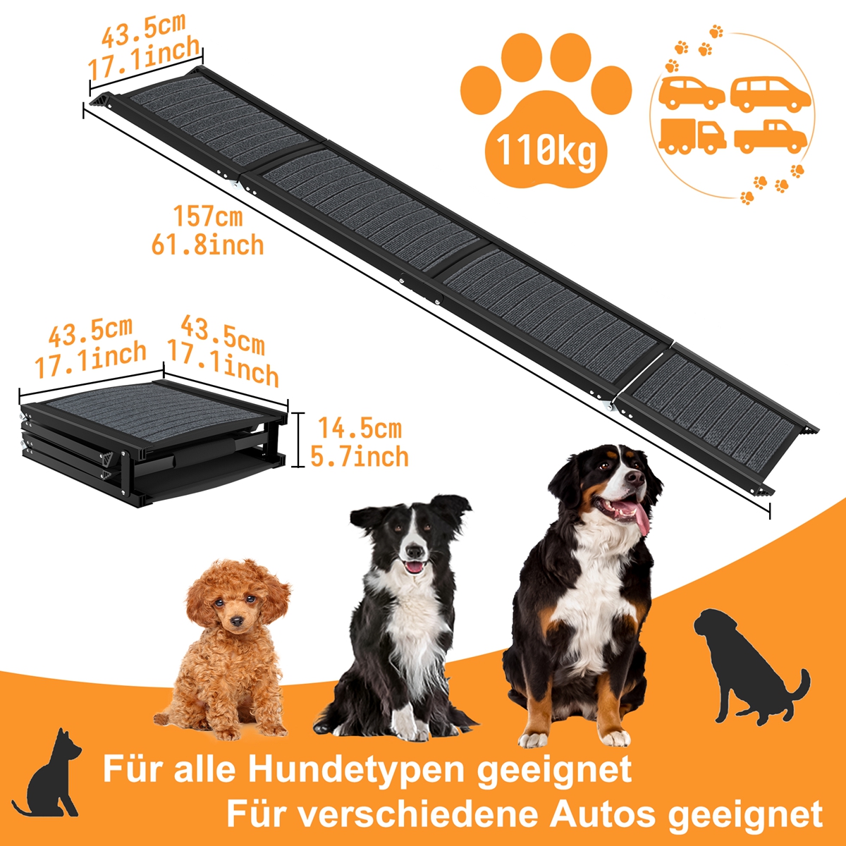 Foldable Dog Ramp 157cm Car Pet Stairs With Non-slip Surface, , Portable Up To 110kg, Black Polypropylene