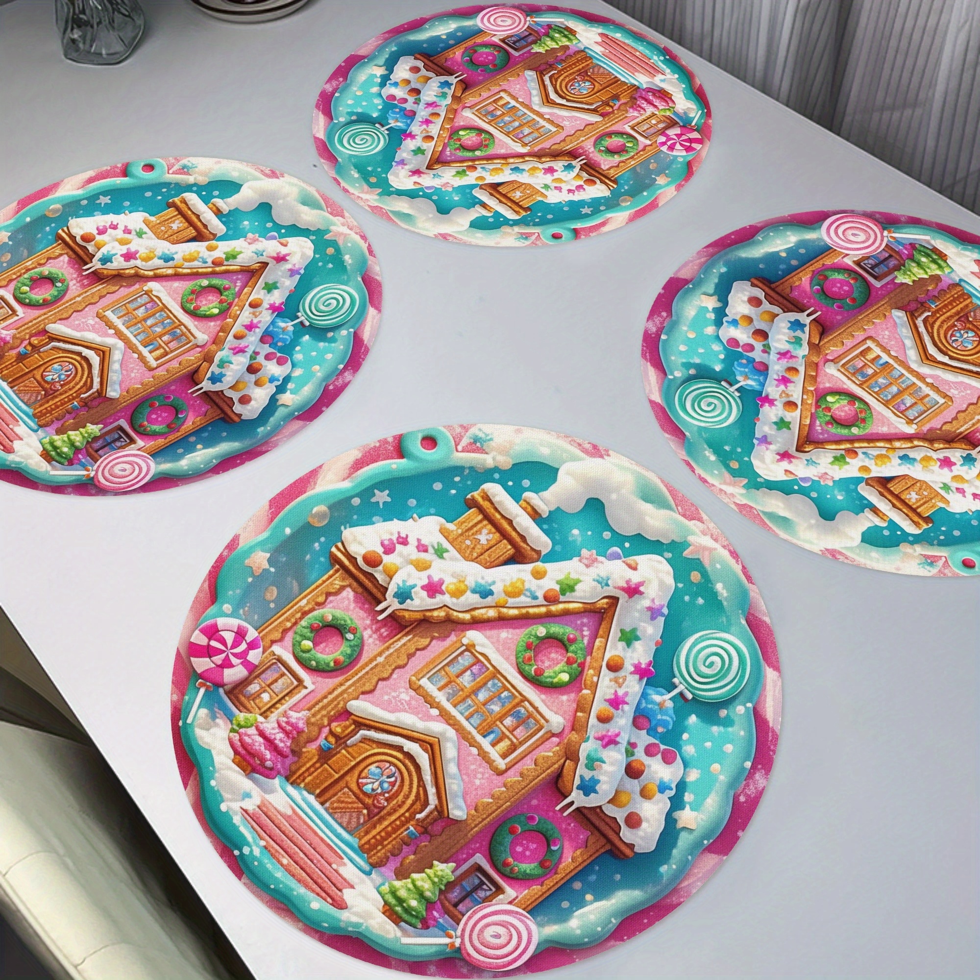 

4pcs Christmas Placemats, Winter Round Table Mats For Home Decor Non-slip Washable Place Mats For Daily Banquet Party Dining Table Decoration 15