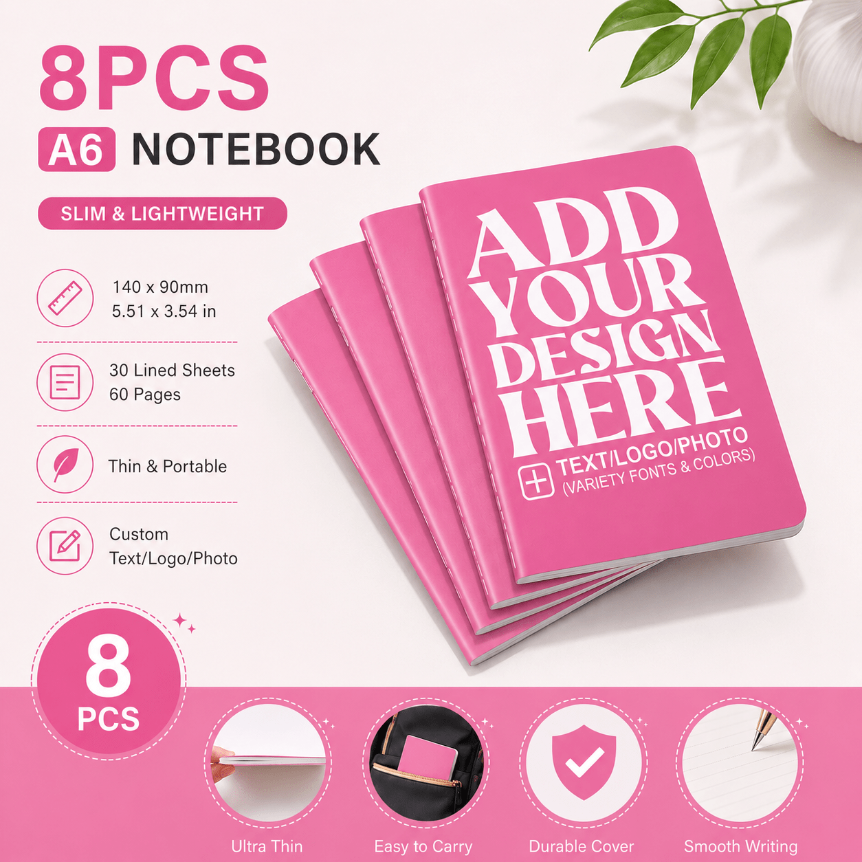 TEMU 8pcs Custom A6 Lined Notebooks, Personalized Text Logo Photo Covers, 30-sheet 60-page Journals For School, Office, Travel And Gifts