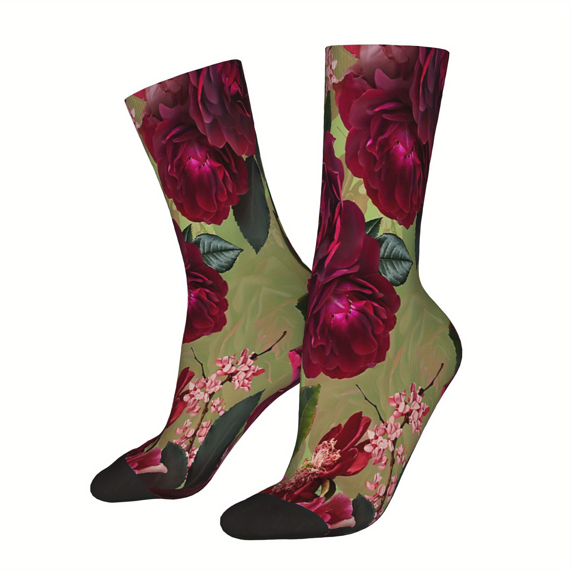 Image of 1 Pair Hip Hop Vintage Antique Green Botanical Flower Rose Crazy Men's Compression Socks Unisex Harajuku Pattern Printed Seamless Printed Funny Novelty Gift Merry Christmas Decoration Gift Xmas