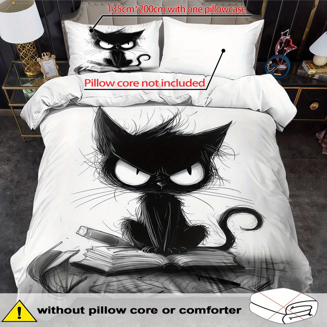 TEMU 2/ 3pcs Quilt Cover Set, Black Cat Print Duvet Cover Set, King Bedding, Polyester Machine Washable, Quilt Decoration, Bedroom , Birthday Gift