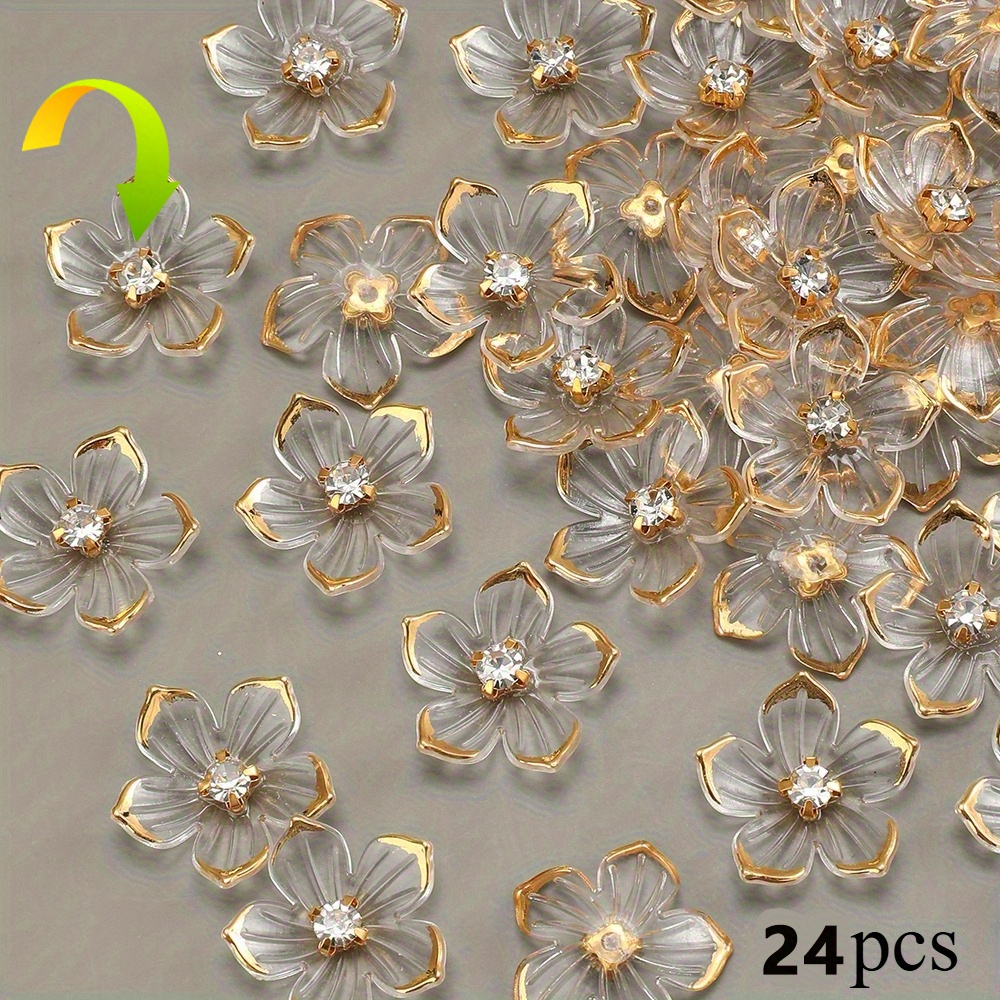 E-shop 2D Flache, 24 Stück von 24mm Transparente Blumenperlen mit Goldrand Strasspolen - Große, flach geschichtete Acrylperlen für Schmuckherstellung,