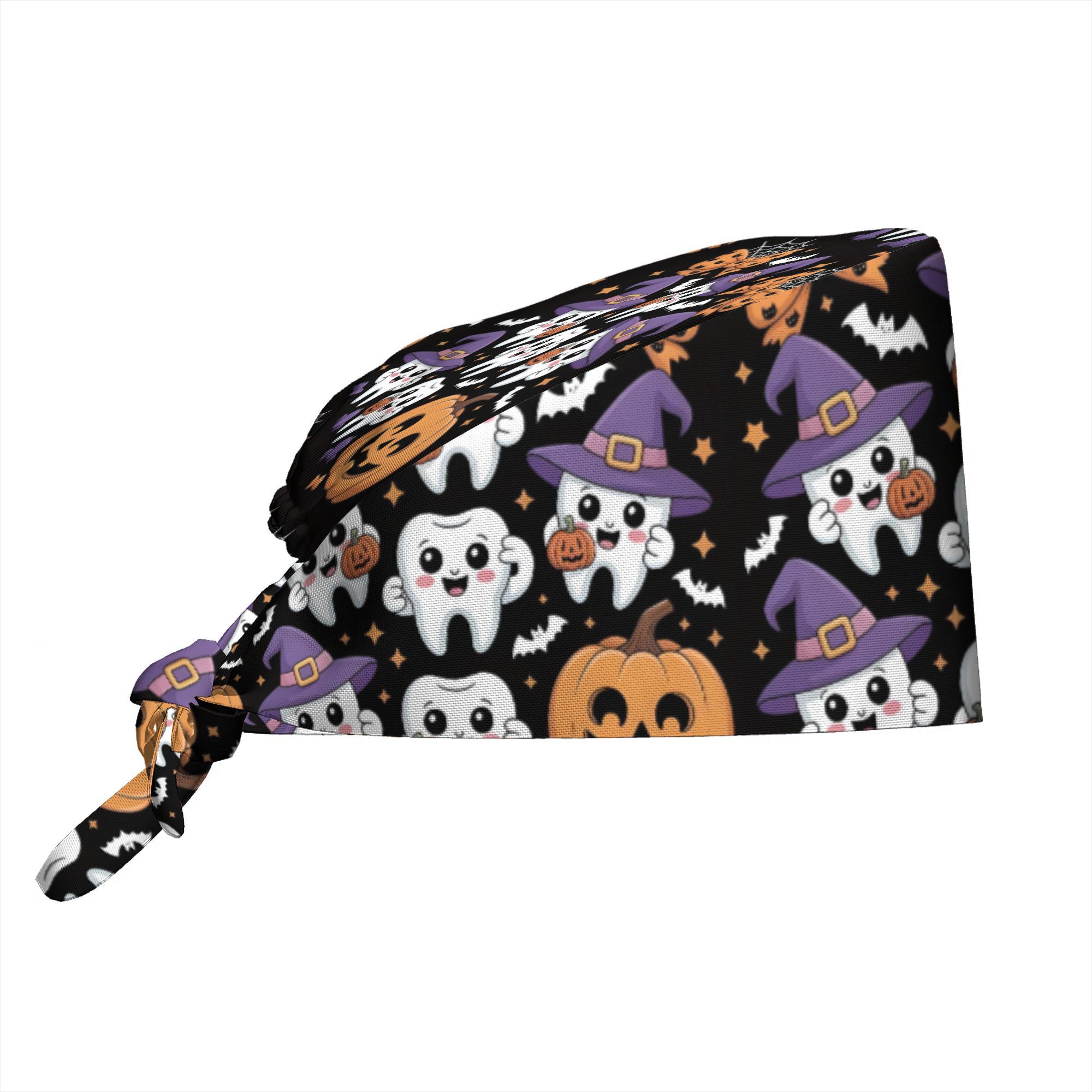 TEMU 1 pz Cappello da lavoro da donna con stampa e pipistrello di Halloween - Cappello da infermiera regolabile con lacci, cappello da chef e da