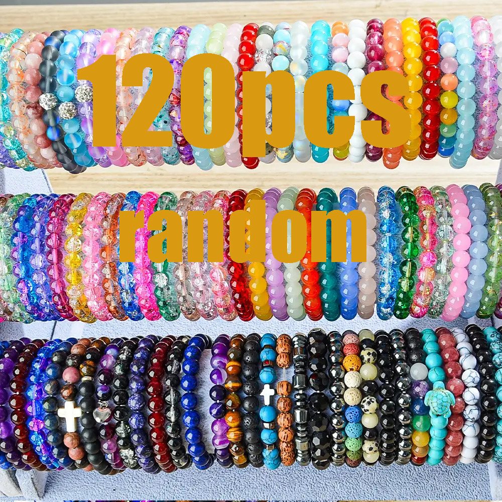Image of 120pcs Bulk Unisex Bracelets, Random Bright Mixed Glass Bead Elastic Wristbands, Handmade Fashion Decoration Jewelry, Lightweight Comfortable Wrist Ornament Men Women Daily Matching