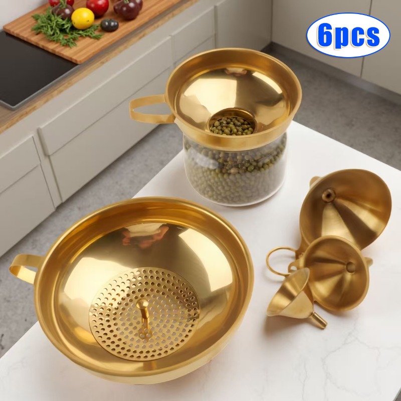 TEMU 6pcs Golden Jar Funnel With Handle, Suitable For And Regular-mouth Jars, Food Grade Funnel With Strainer, Suitable For Cooking Oils - Oil, Wine,