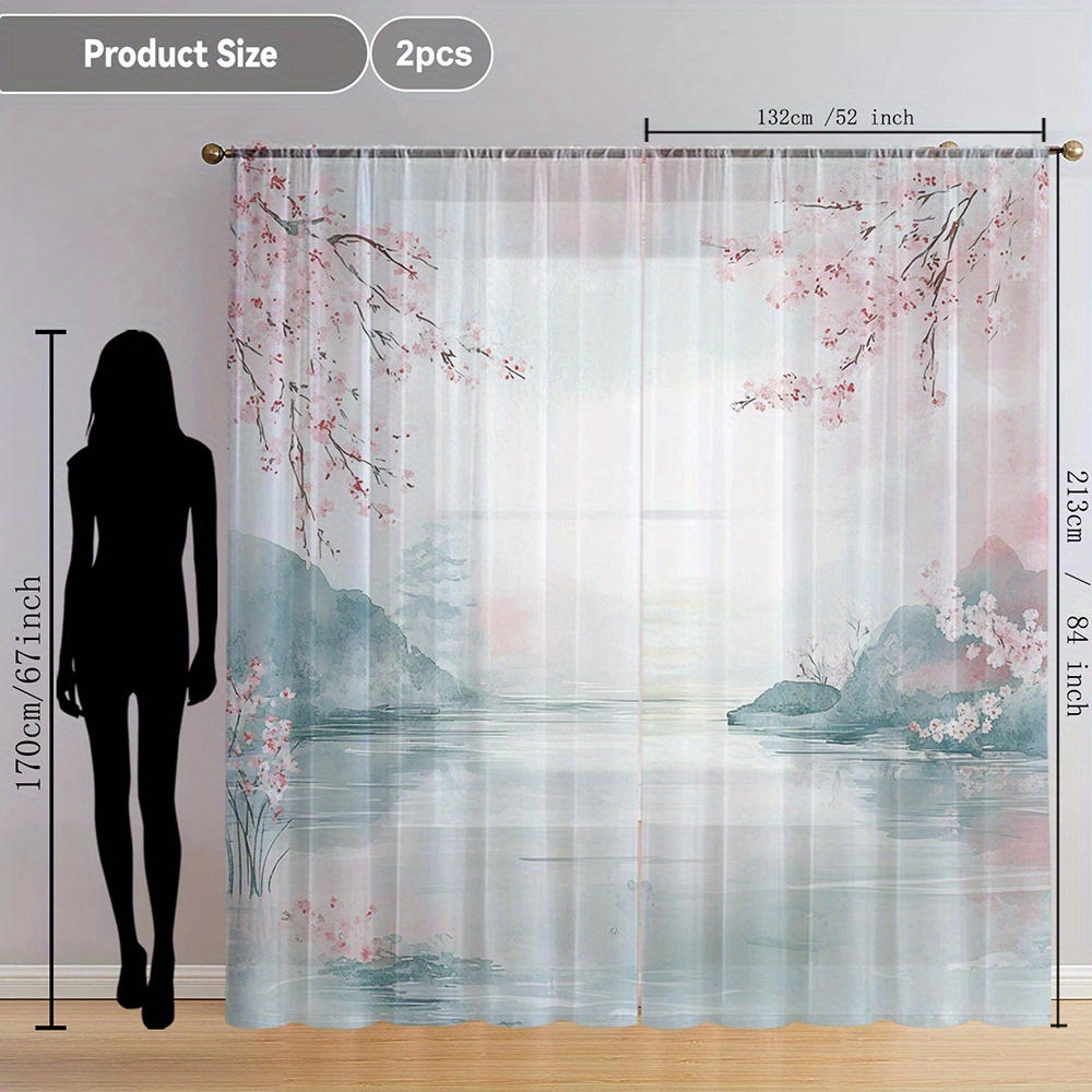 TEMU 2 pièces Voilage Fenêtre Imprimé à Paysage Chinois , Style Chinois Élégant avec Poche à Tringle, Rideau Décoratif Flottant pour Cuisine, Café,