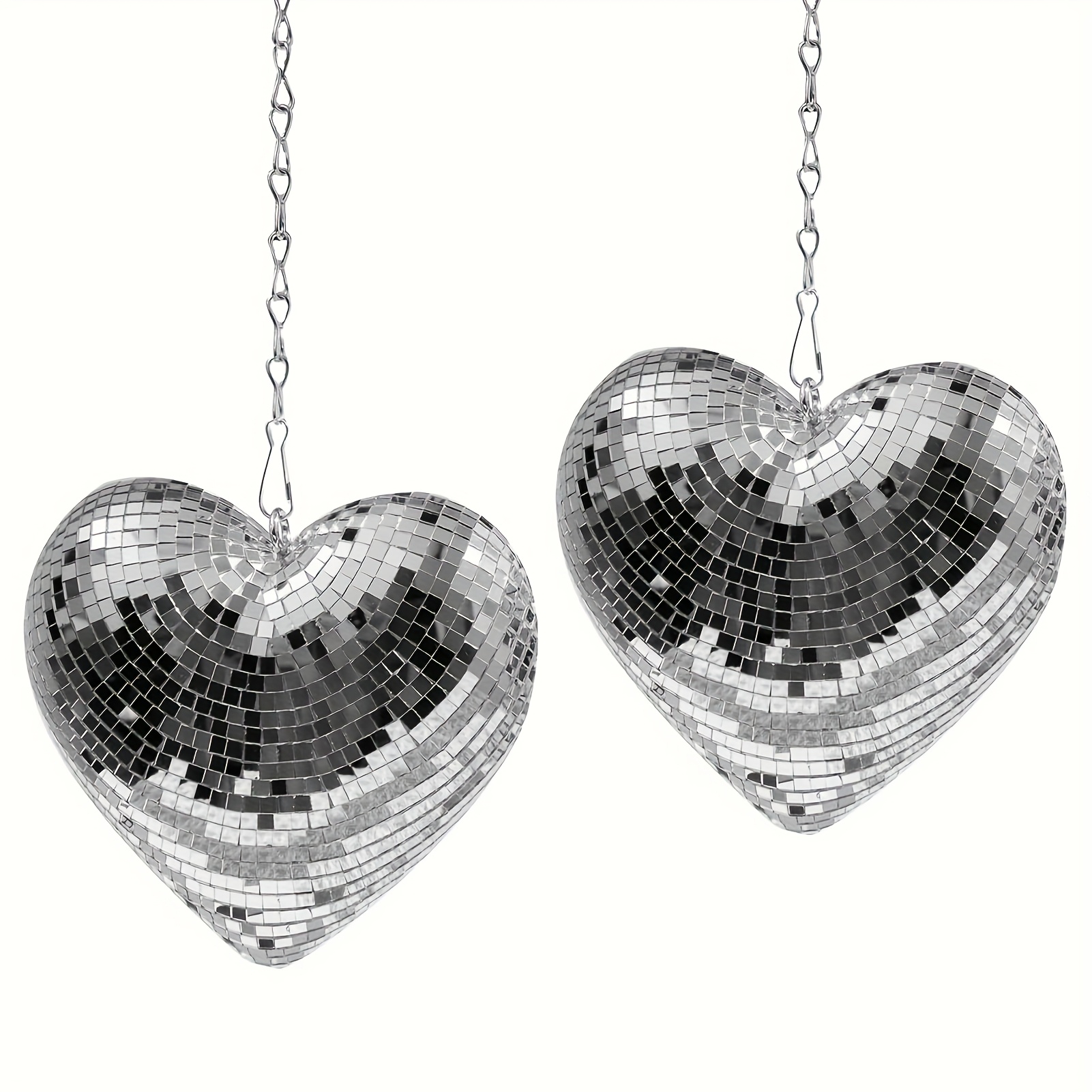 TEMU 2 Heart-shaped Disco Balls, Silvery Mirror Glass And Metal Material, Party, Wedding, Home, Garden Hanging Decorations, Vintage Reflective Disco