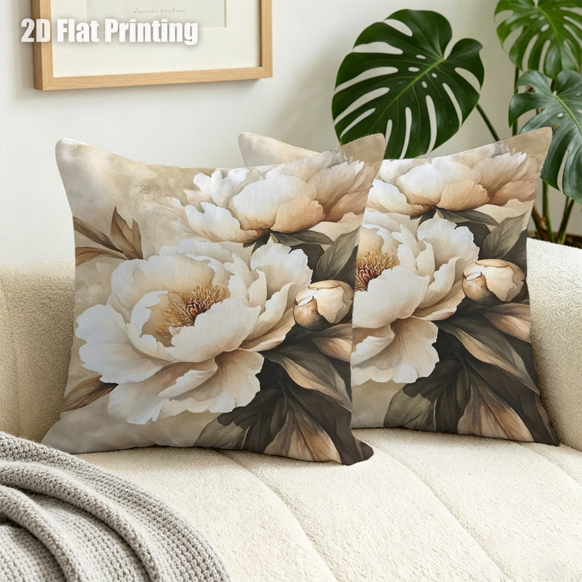 TEMU 2pcs Elegant Champagne Suitable For Home Decor Cushion Covers - Traditional Botanical Peony With Double-sided Print, Soft Sofa Bed Pillowcases,