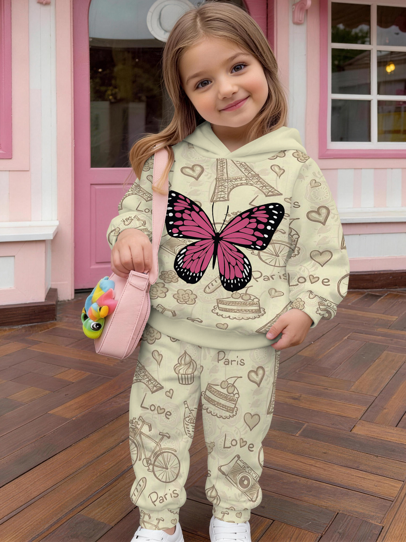 2pcs girls and young childrens hoodie set for autumn and winter gentle rice background rose   paris tower love dessert bicycle   printed hooded hoodie and long pants casual set for outdoor