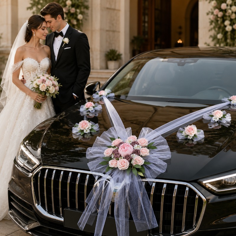 7pcs Pink Wedding Car Decoration Flower Kit, Artificial Floral Arrangement For Main Car Front Decor, Complete Wedding Vehicle Accessory Set