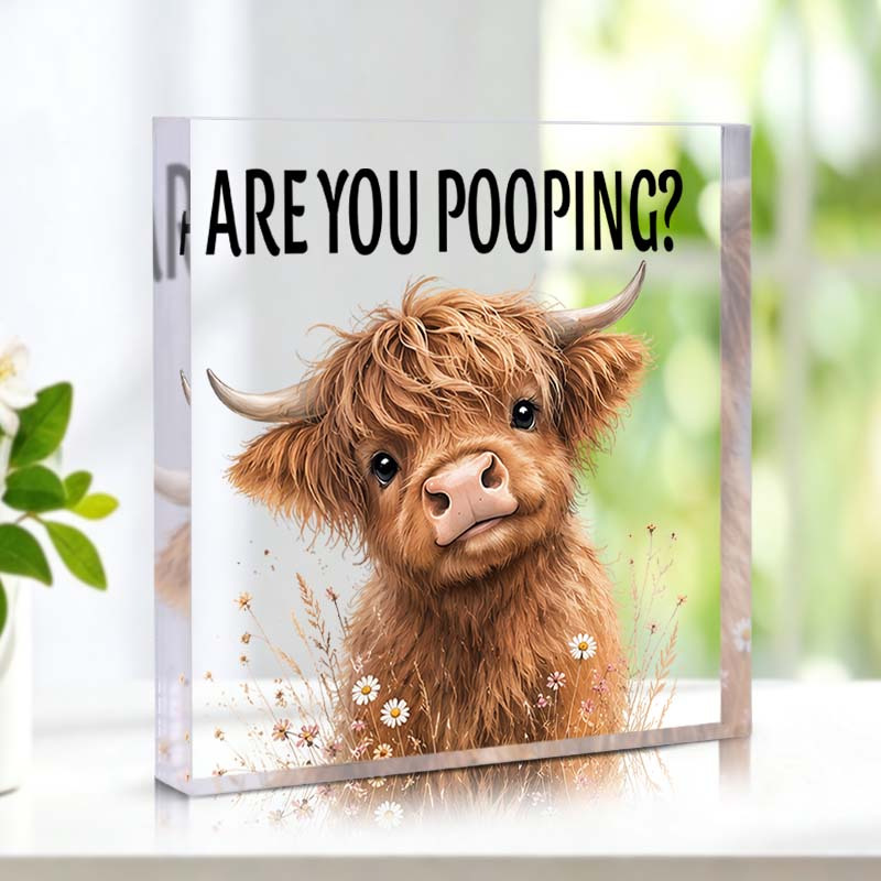 TEMU 1pc Funny Bathroom Highland Cow Acrylic Sign, "are You Pooping?" Quote With Cute Floral Cow Design, Humorous Farm Animal Wall/tabletop Ornament,