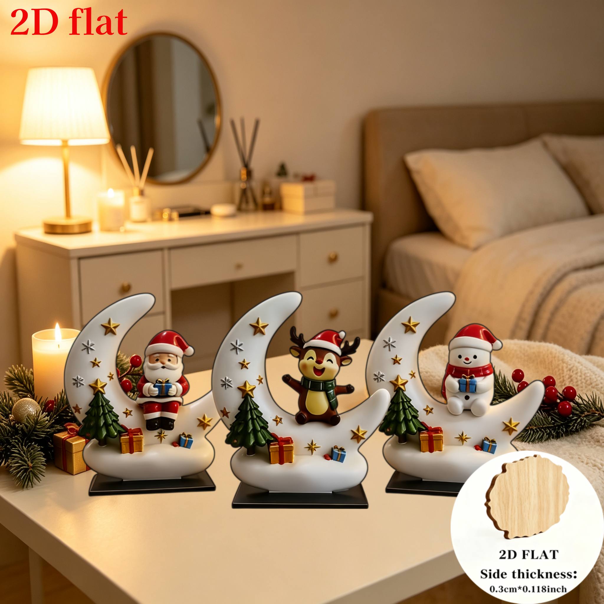 TEMU 2d Flat, 3pcs Wooden Christmas Desktop Ornaments, Santa Claus, Snowman, Reindeer, With Curved Base, , Small Christmas Tree, And Gift Box
