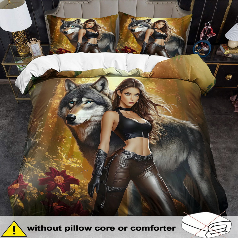 TEMU Kaijit Beauty And Wolf Theme Duvet Cover Set - 2/3stk, Myk, og , Fantasy Beauty Mønster Trykt Sengesett, Wolf And Beauty Trykt Duvet Cover Set,