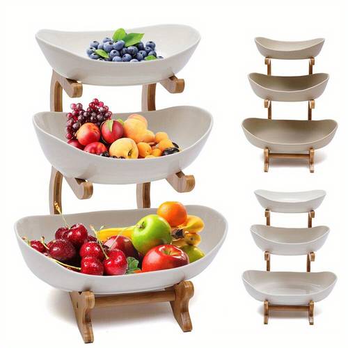 3 tier kitchen fruit tray ceramic vegetable fruit basket bowl w wood shelf