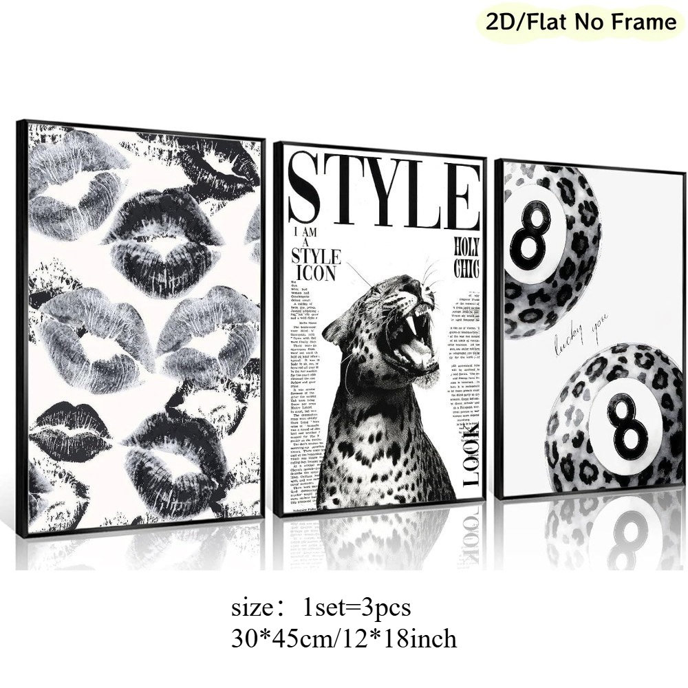 TEMU 2d Flat, 2d Flat, 2d/flat, Frameless, 3pcs Fashionable Black And White Leopard Print Wall Art. Suitable For Bedrooms, Apartments, Dormitories,