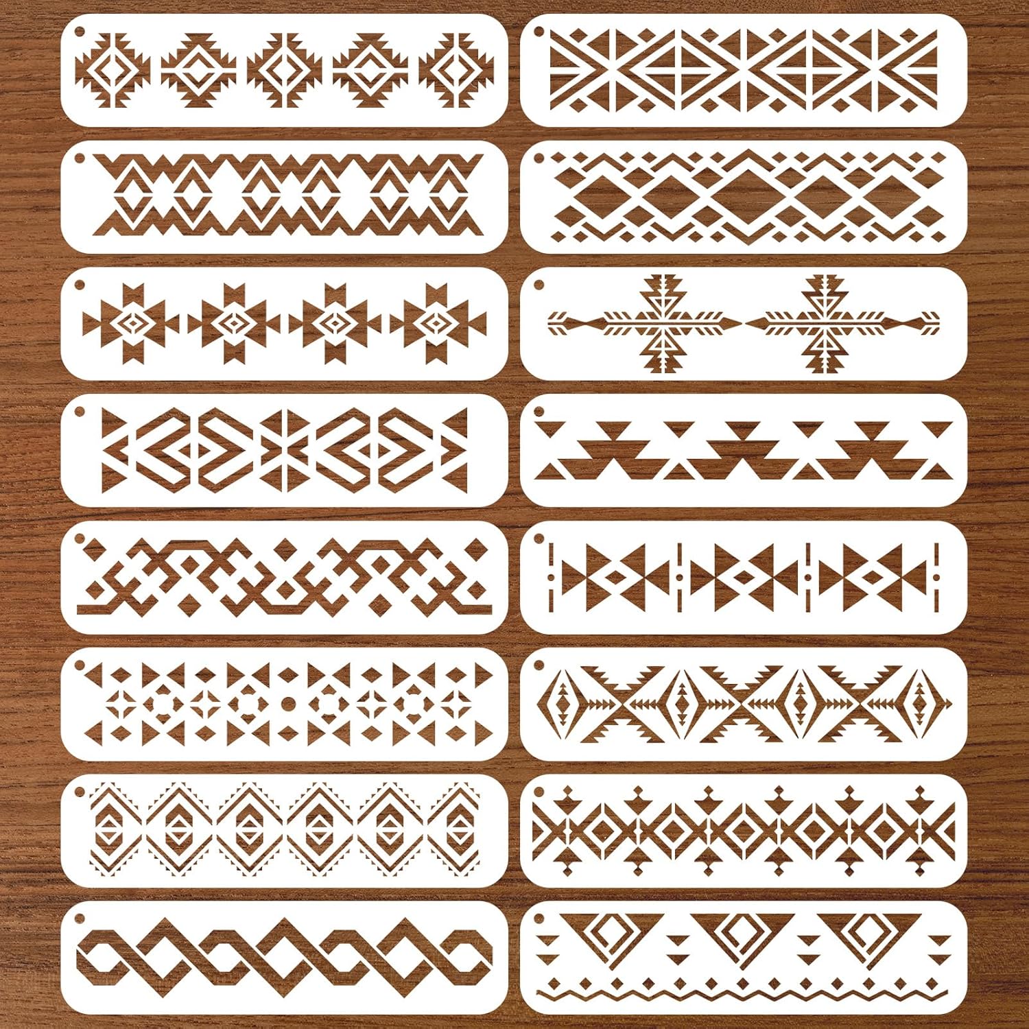 TEMU Pochoirs Aztèques, 16 pièces de modèles de bordures bohèmes réutilisables, modèles géométriques pour peindre , , et la toile, pochoirs tribaux