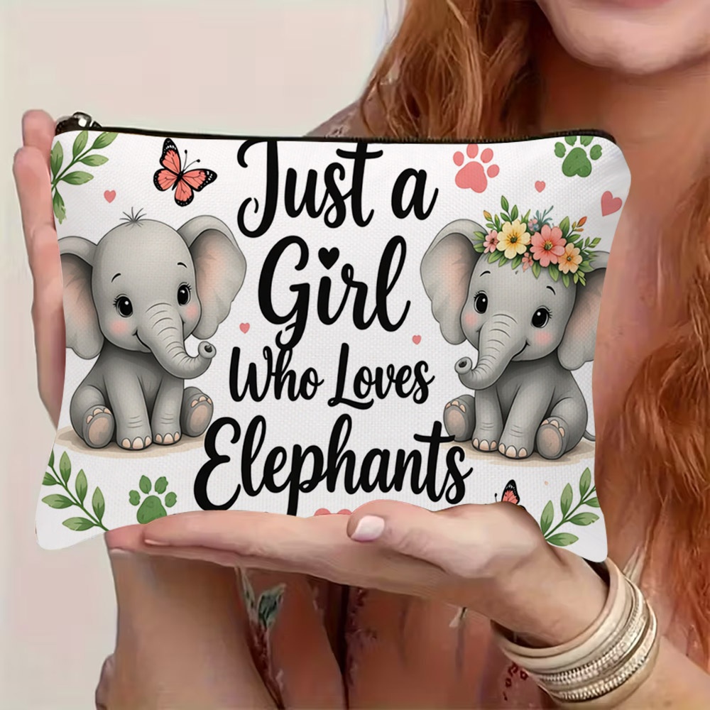 TEMU Cute Elephant Print Polyester Cosmetic Bag, " Who Elephants" Pattern With Floral & Heart Decor, 22cm*15cm/8.7inch*5.9inch In Mixed Color,