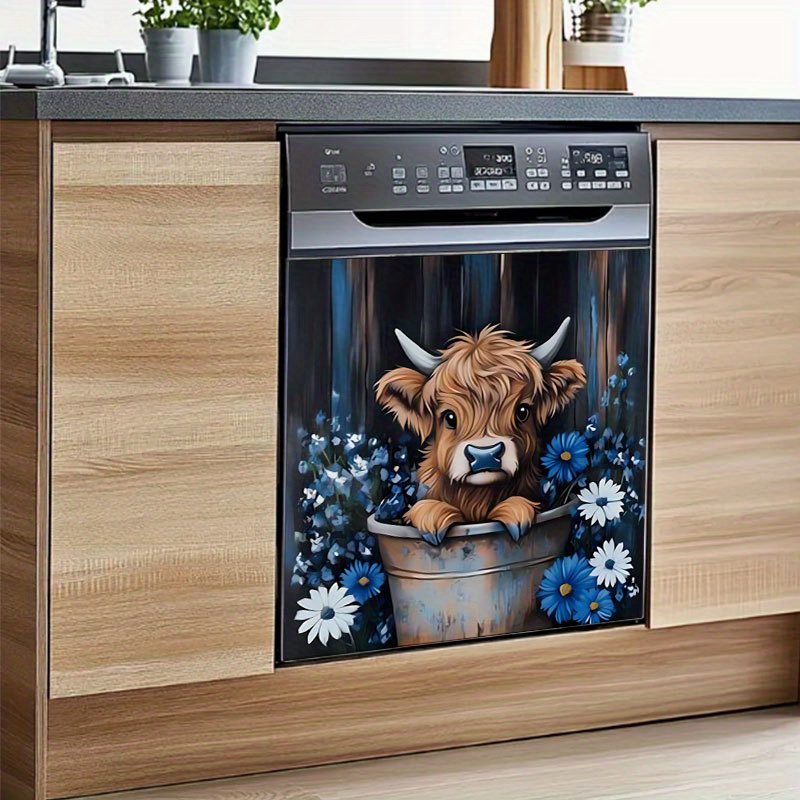 TEMU 2d Flat, 2d Flat Pattern Stickers - Highland Cow And Blue Flowers Design, Suitable For Dishwasher Surface, Washing Machine, Fridge, Cabinet, Room Door, Bedroom, Kitchen, Office, And More