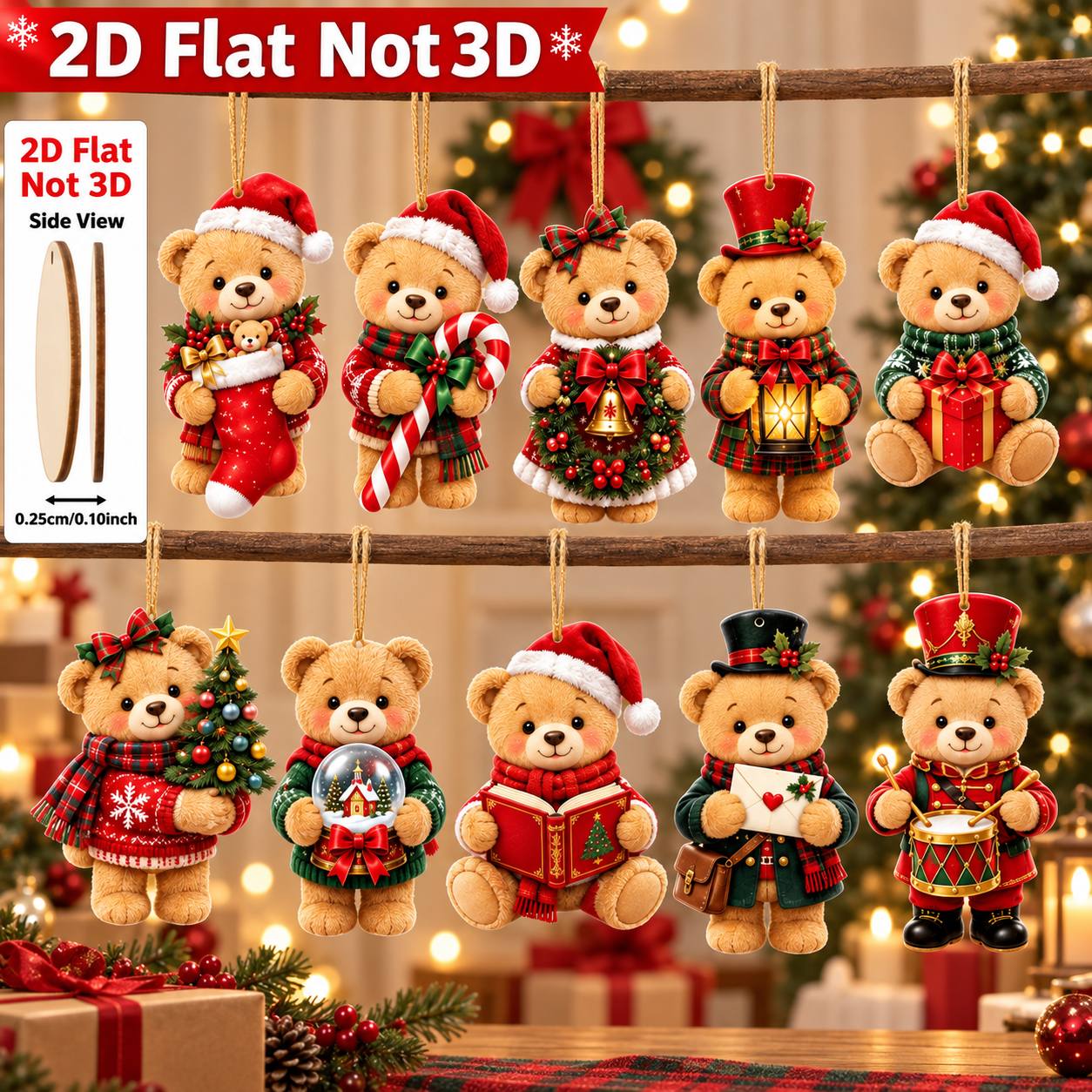 TEMU 2d Flat 10pcs Christmas Bear Ornaments, Cute Teddy Bear Christmas Tree Decorations, With Santa Hats And Holiday Patterns, Flat Wooden Christmas