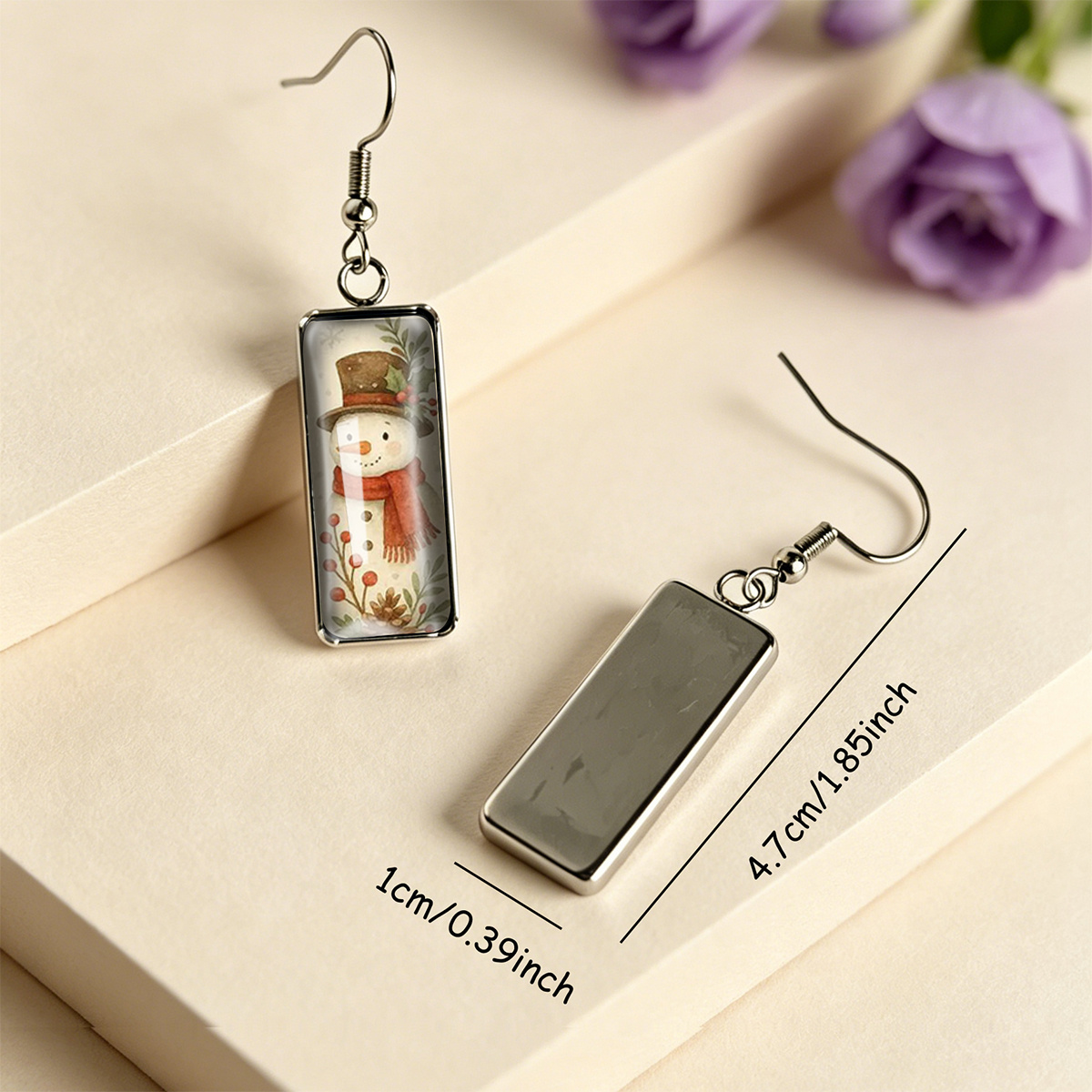 Vintage Top Hat Snowman Pattern Rectangular Earrings