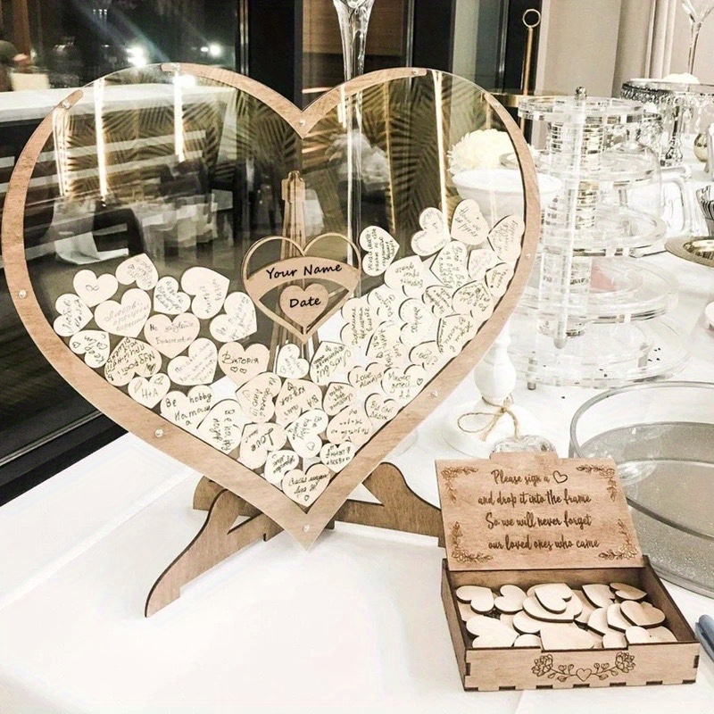 Wooden Heart Wedding Guest Book – Acrylic Sign-in Board with Customizable Message Cards