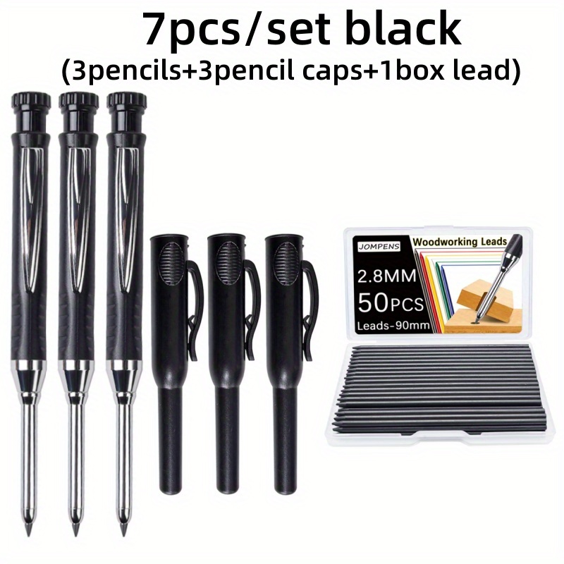 TEMU Jeu de 2.8mm Crayons à Mine Solide avec 50 Noires, Marqueur Mécanique pour Menuisier et (3 Crayons + 1 Boîte de + 3 Capuchons)
