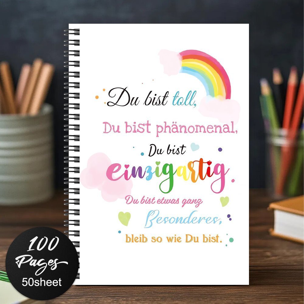 1 Rainbow Inspirational German Notebook - Spiral-bound Journal With Motivational Quotes, And , For Daily Positive Mindset, , Family, Colleagues - Inspirational Notebook And Diary