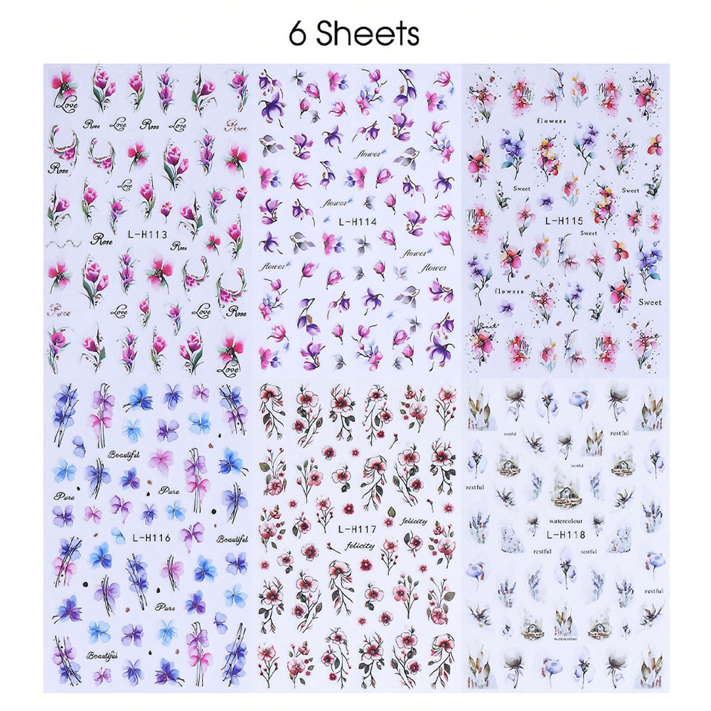 Image of 6pcs Pieces Self-adhesive Watercolor Nail Stickers Suitable For Spring Summer - Nail Decals With Watercolor , Pet Film, No Removal For Parties Weddings Daily Wear