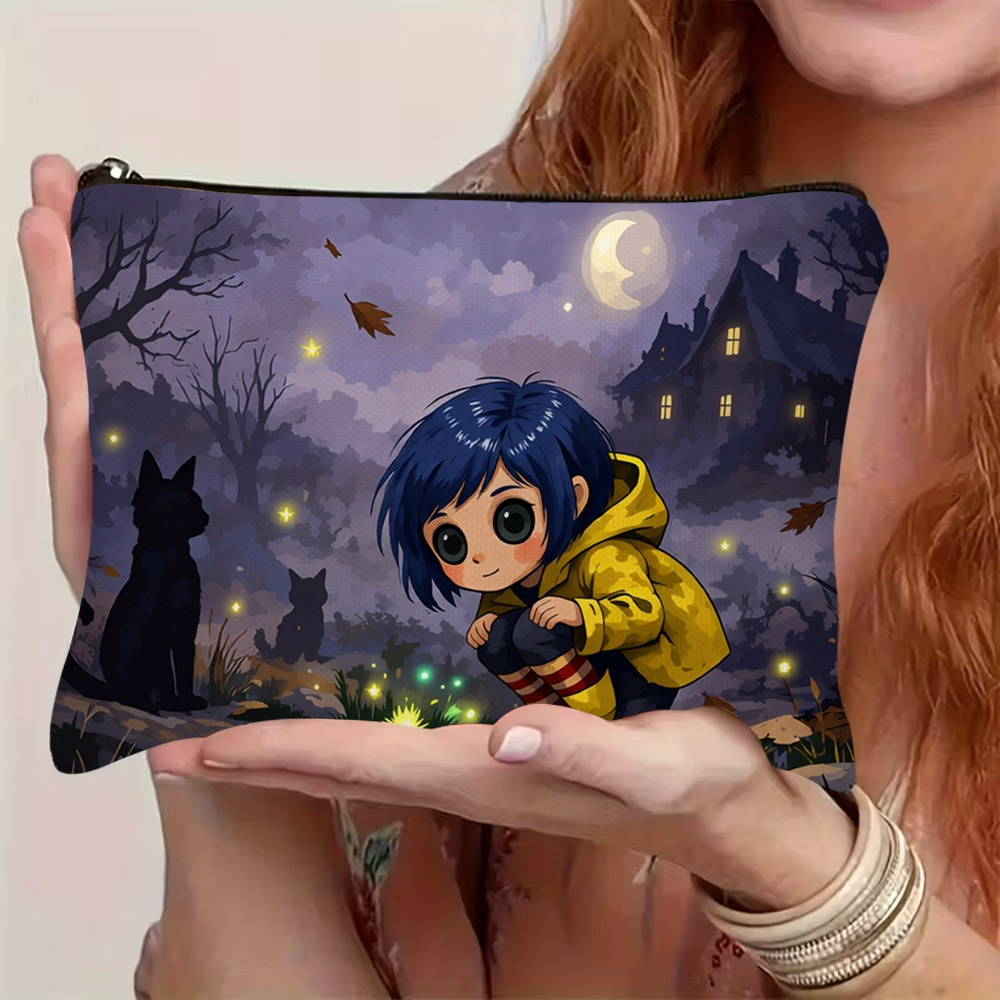TEMU 1pc 2d Flat Printed Whimsical Night Scene Cosmetic Bag With Zipper Closure, With Cute Short Blue-haired Figure, Black Cats, Glowing , & Spooky