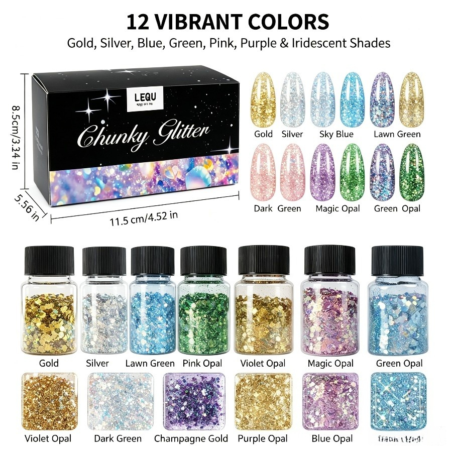 Image of 12 Colors Iridescent Chunky Glitter Set, Hexagon Sequins, Craft Supplies For Resin Plaster Candle Making