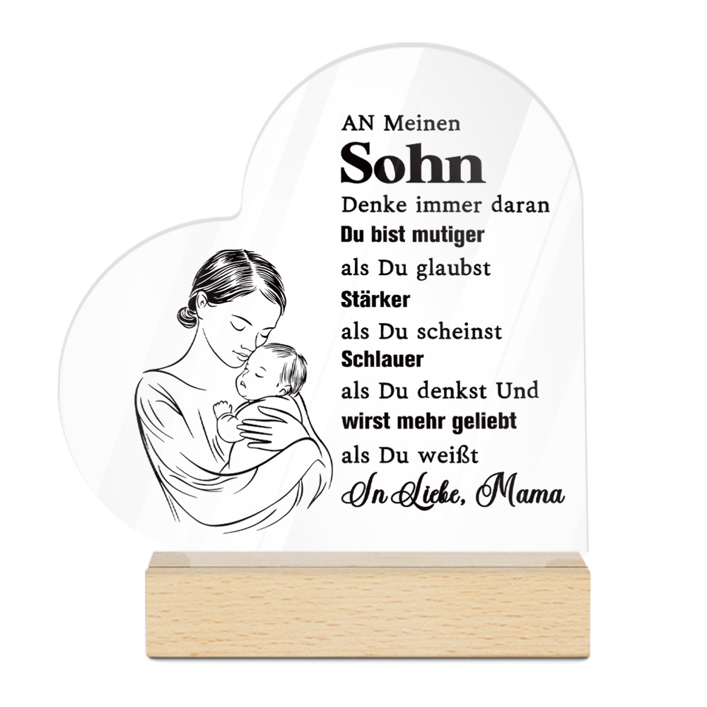 E-shop 2D Flaches, Inspirierendes Deutsches Herzförmiges Acrylschild mit Holzsockel - Perfekte Schreibtischdekoration für Zuhause, Bauernhaus oder
