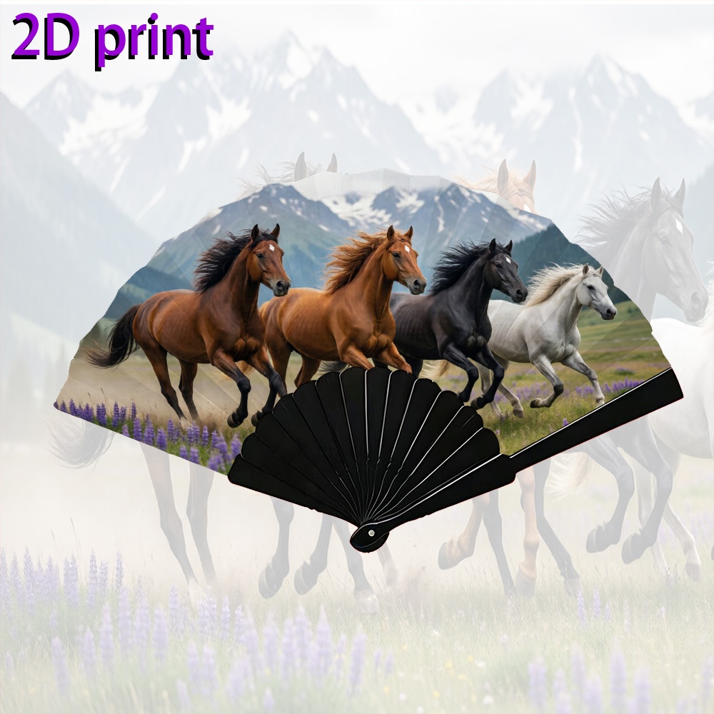 TEMU 2D Plat - 1pc Éventail Pliable Portable 7 pouces pour Hommes et Femmes, Chevaux Galopant en 2D dans une Prairie de Montagne, Refroidissement