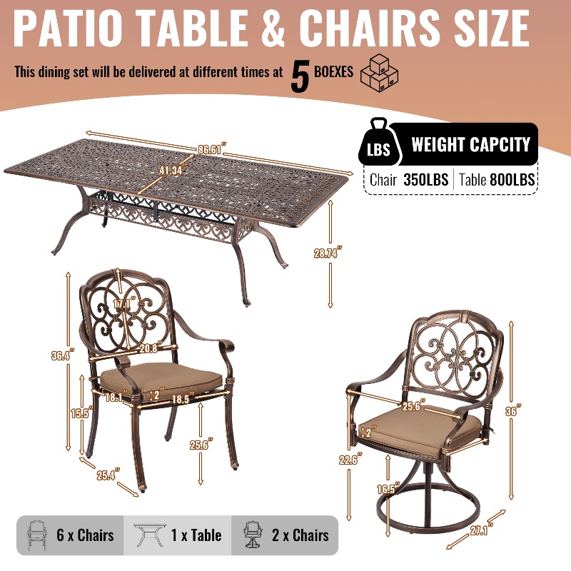 9pcs Cast Aluminum Outdoor Patio Dining Set - Ornate Scrollwork Design, Weather-Resistant Rust-Proof Frame, Square Table & 6 Cushioned Chairs, Suitable for Garden, Backyard & Poolside