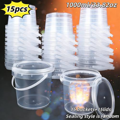 artikel foto de circulaire plastic opbergemmer bevat 30 (15 en 15 deksels), elk met een capaciteit van 1000 milliliter, equivalent aan 33.82 ounces. ze geleverd met deksels en handvatten, willekeurige .