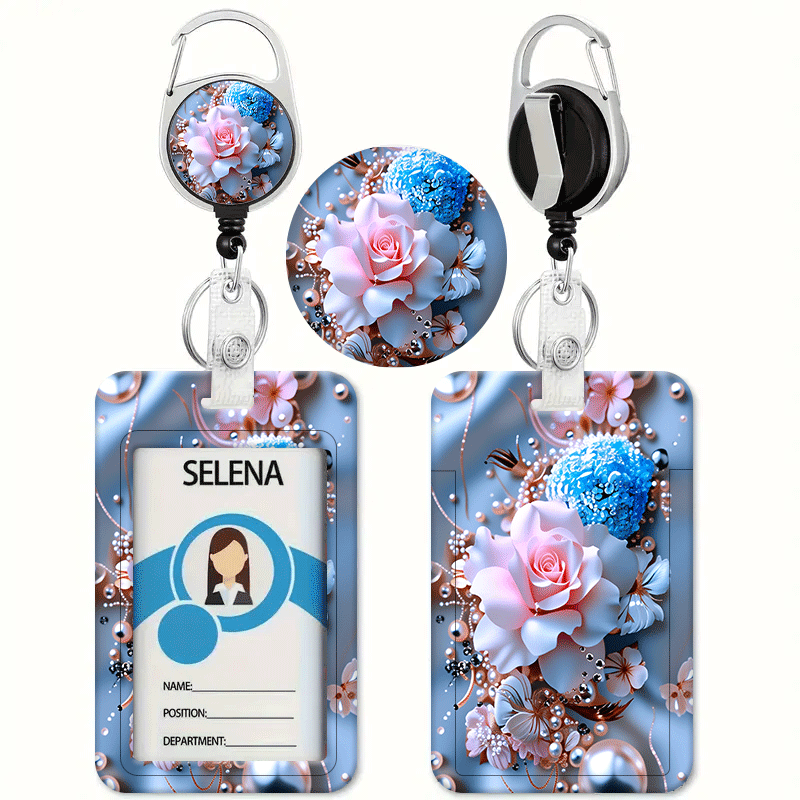 TEMU 2d Rose Bouquet Gradient Decor Printed Pattern Printed Card Sleeve Retractable Id Lanyard - Id Badge Holder, Credit Card Case, Heavy-duty Id