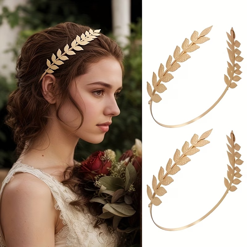 E-shop 2er-Set Goldene Blätter Rücken-Haarband Stil Olivenzweig Temperament Göttin Hohe Schädel Top Mode Metall Haarspange Haarband Haargummi