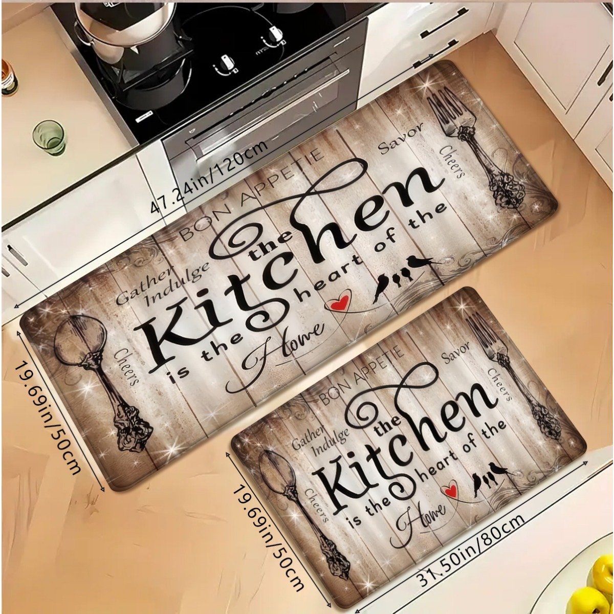 TEMU 1pc/2pcs/3pcs Creative Dark Brown Faux Wood Grain With 'the Kitchen Is ' Pattern Printed High-rebound Absorbent Anti-slip Kitchen Runner Rug,
