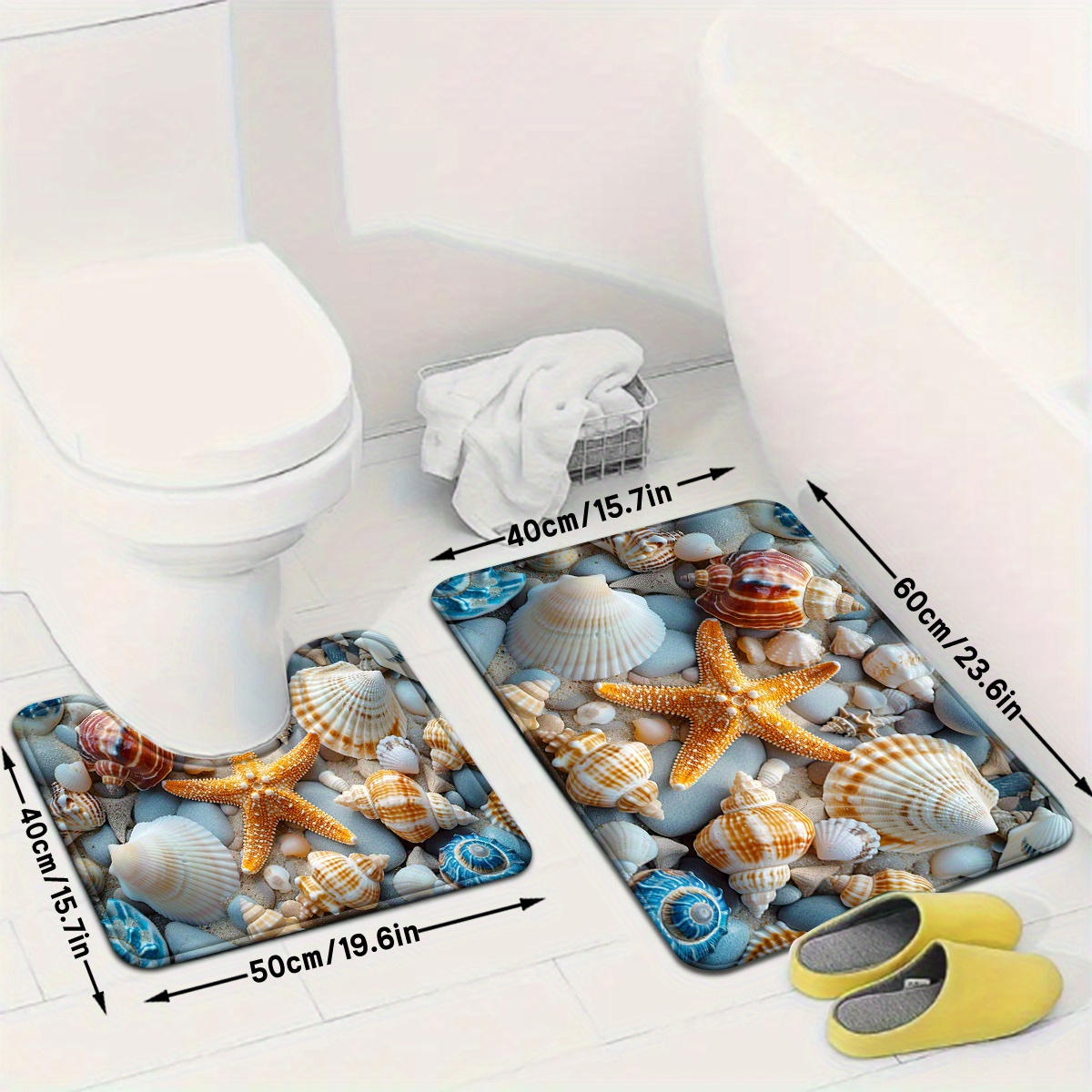 TEMU [open ] 2pcs/3pcs Seaside Colorful Shell Pattern Bathroom Mat Set, Strong Water Absorption, Including U-shaped Toilet Mat, Suitable For Kitchen